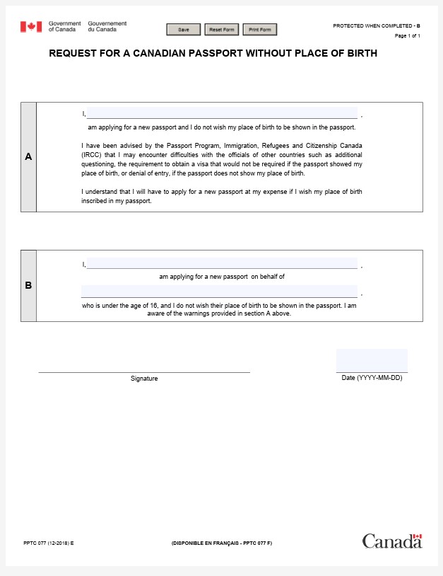 Canadian passport without place of birth (PPTC 077)